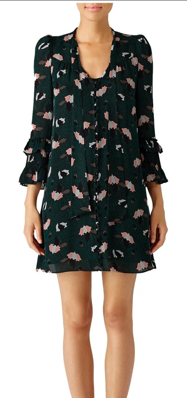 Derek Lam green floral ruffle sleeve silk chiffon button dress Sz 8 Forest Fairy